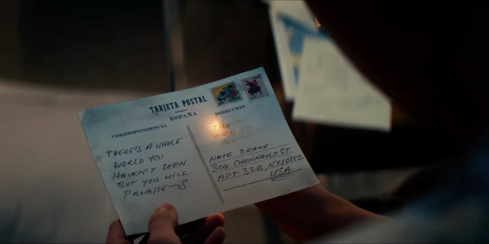 Sam post card uncharted post credits scene Nathan Drake