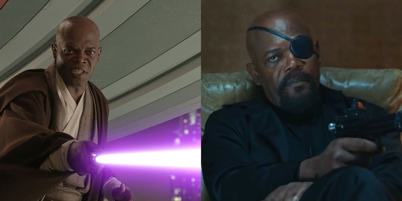 Side by side of Samuel L Jackson as Mace Windu and Nick Fury