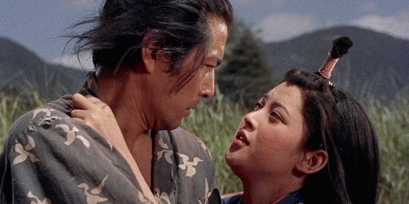 Toshiro Mifune as Miyamoto Musashi a.k.a. Takezo being seduced by Kaoru Yachigusa as Otsu in Samura I: Musashi Miyamoto