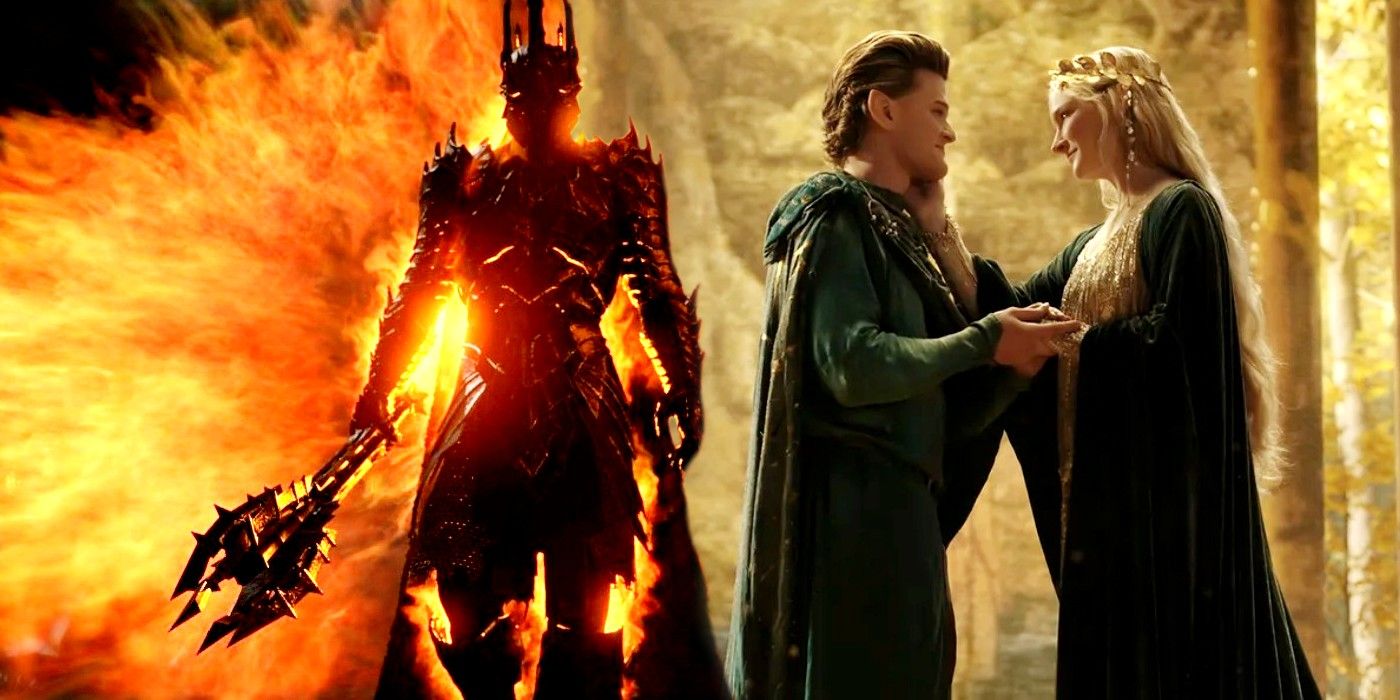 Sauron in Lord of the Rings Richard Aramayo as Elrond and Morfydd Clark as Galadriel in Rings of Power