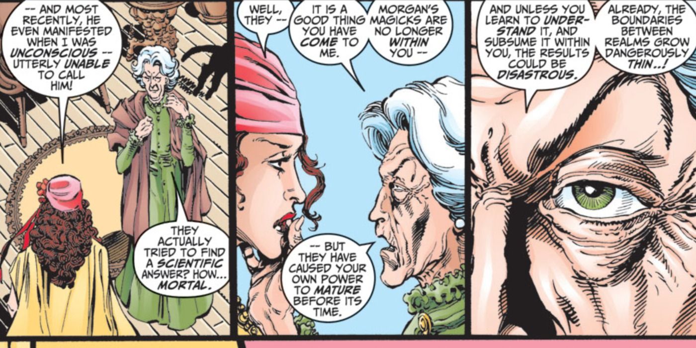 Scarlet Witch meets with Agatha Harkness in Marvel Comics.
