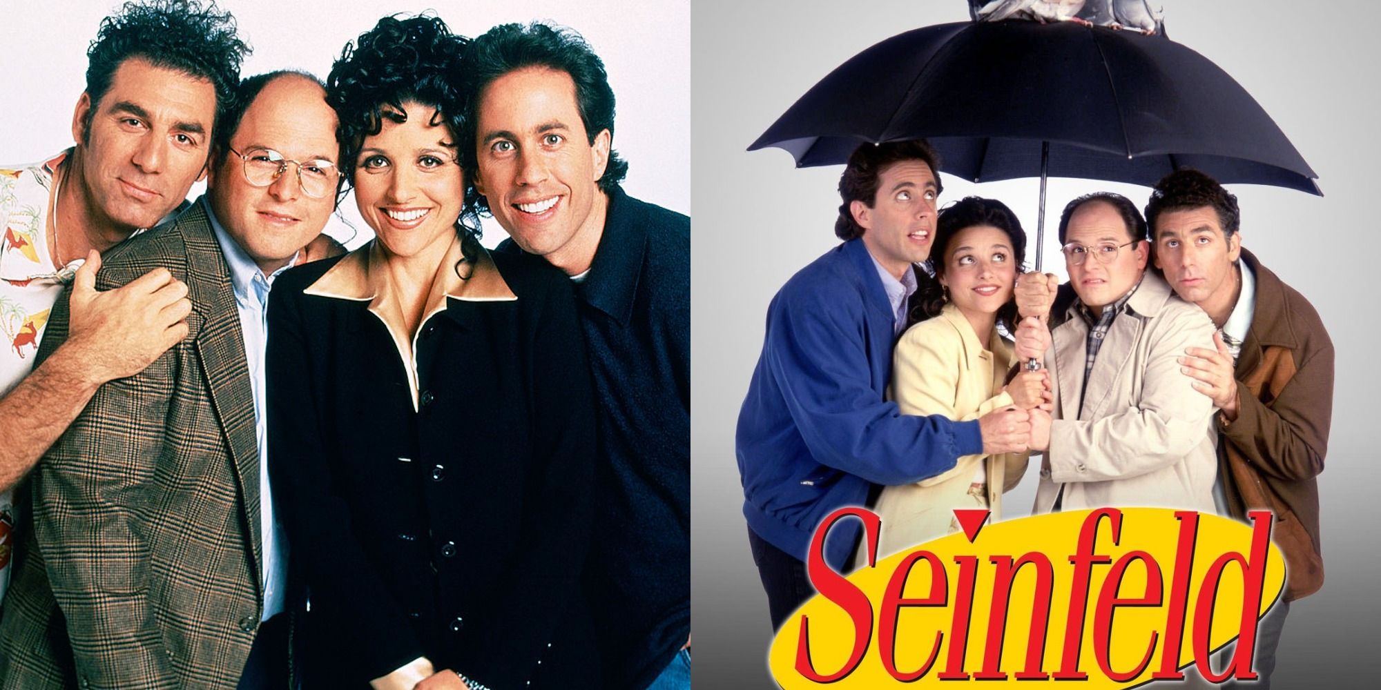 Split image showing the cast of Seinfeld in seasons 5 and 9