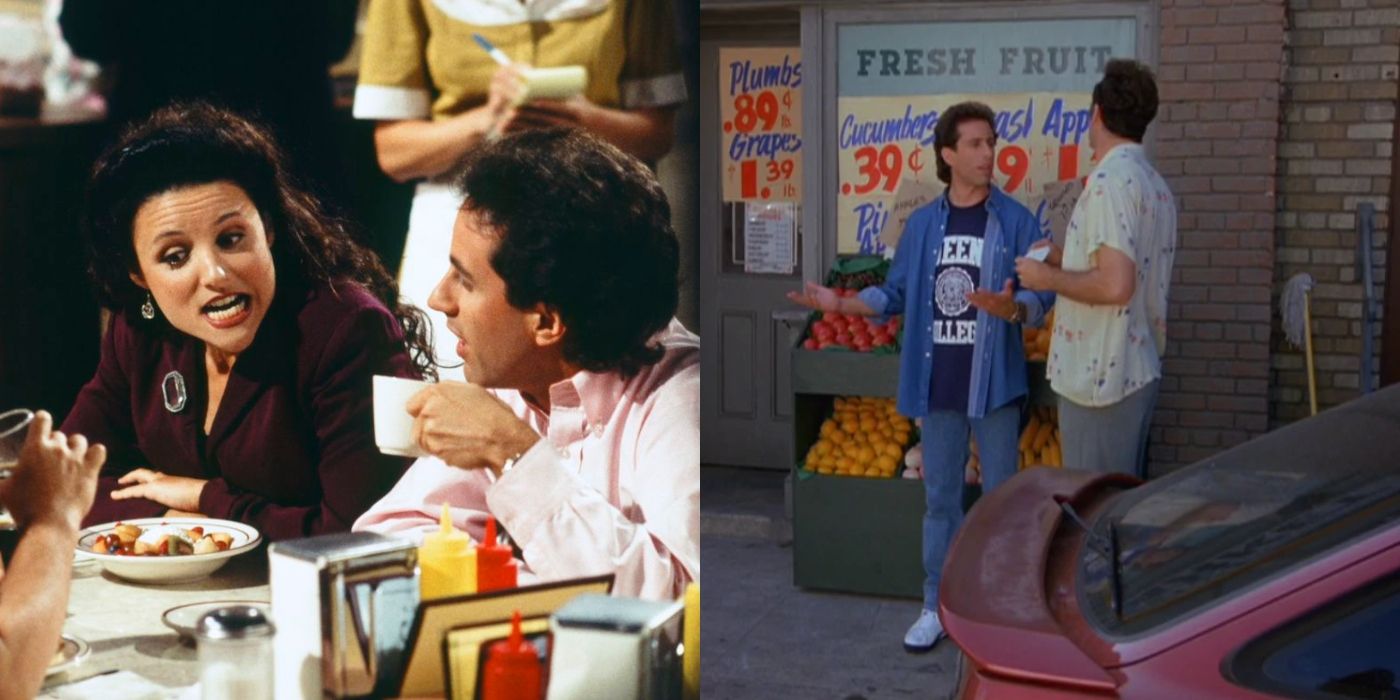 Split image of Elaine and Jerry at Monk's and Jerry and Kramer outside on Seinfeld