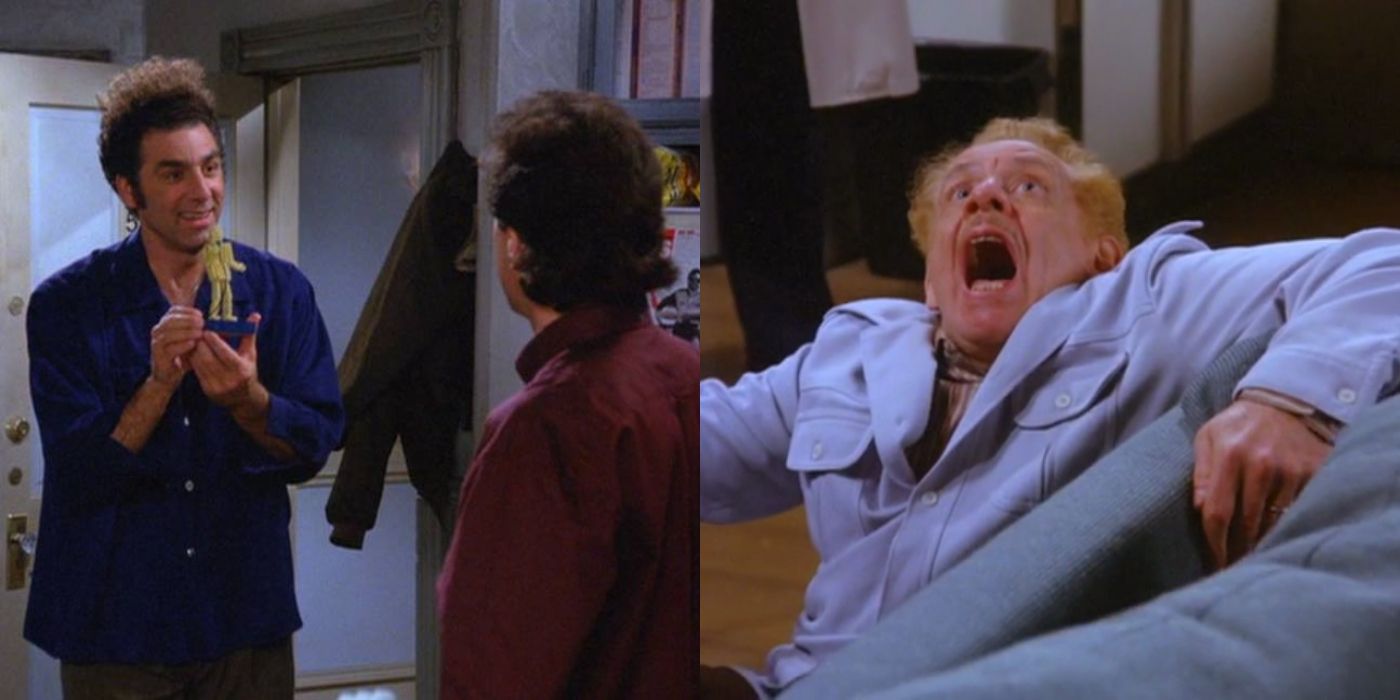 Split image of Kramer holding up a pasta figure and Frank yelling on Seinfeld
