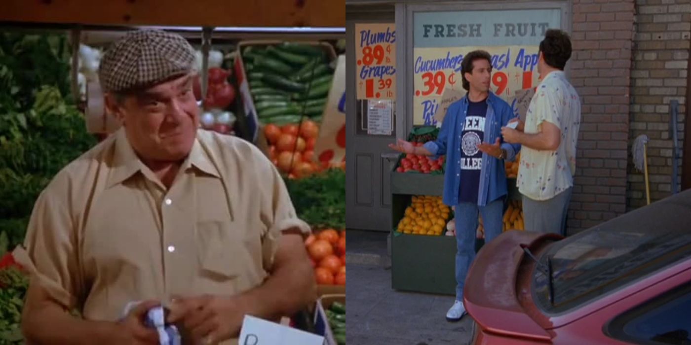 Split image of fruit market owner Joe and Jerry and Kramer on Seinfeld