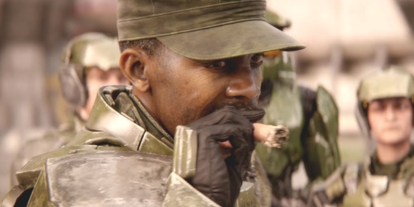 Sergeant Avery Johnson smokes a cigar in Halo 2 Anniversary