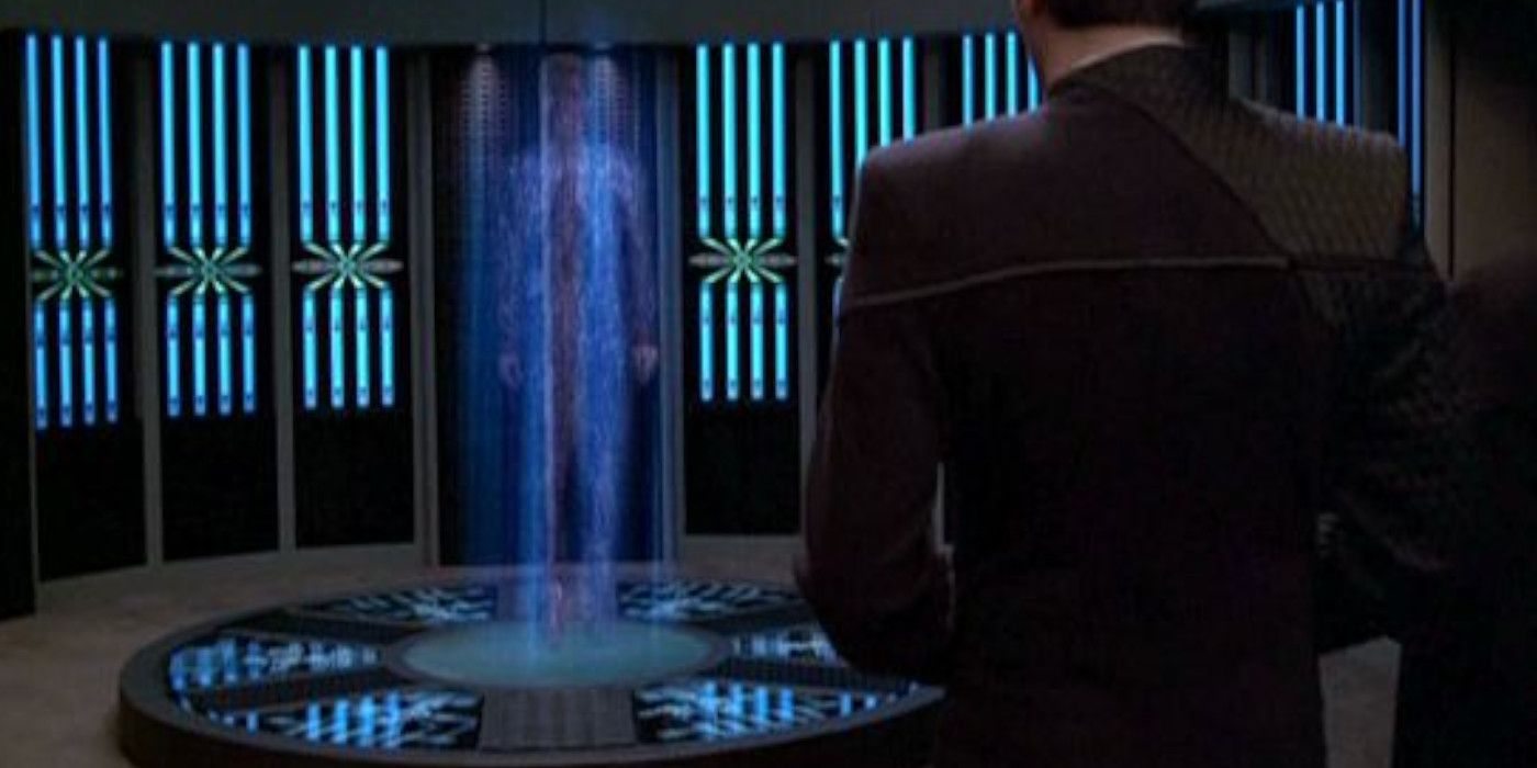 Seven being beamed into the Temporal Transporter in Star Trek: Voyager
