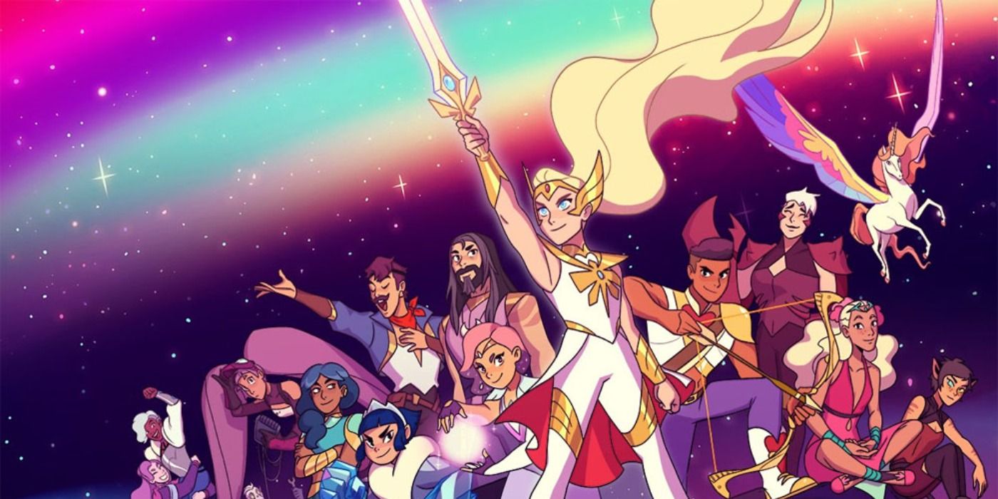 She-Ra raising her sword with the wider cast of characters behind her in a rainbow backdrop