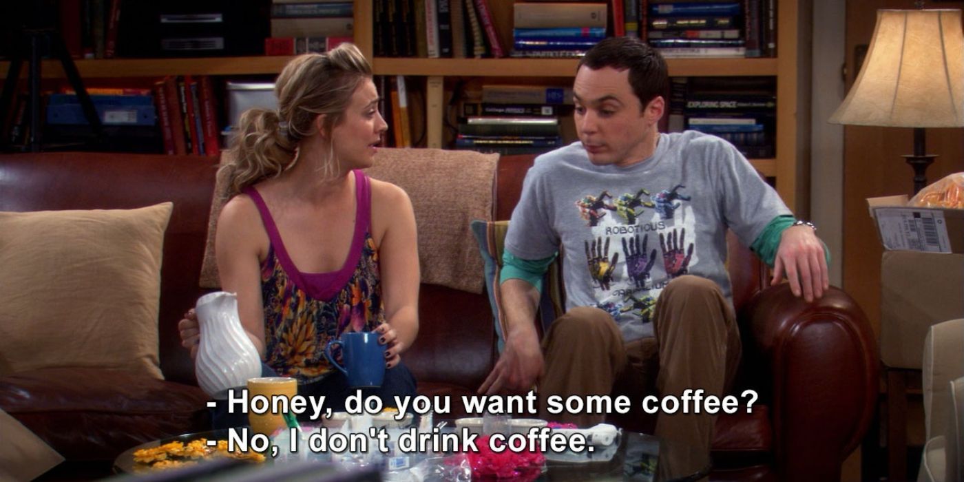 Sheldon and Penny on the couch talking about coffee on TBBT