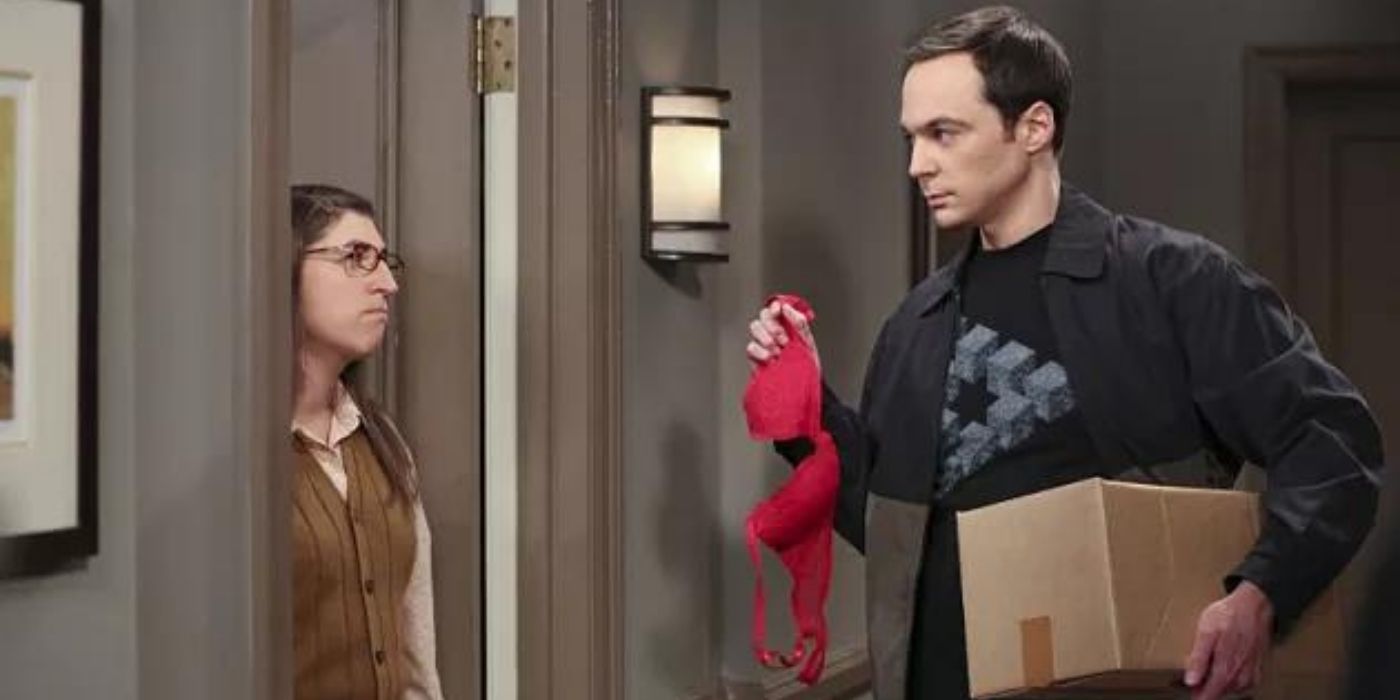 Sheldon returning a few of Amy's things at her door on TBBT