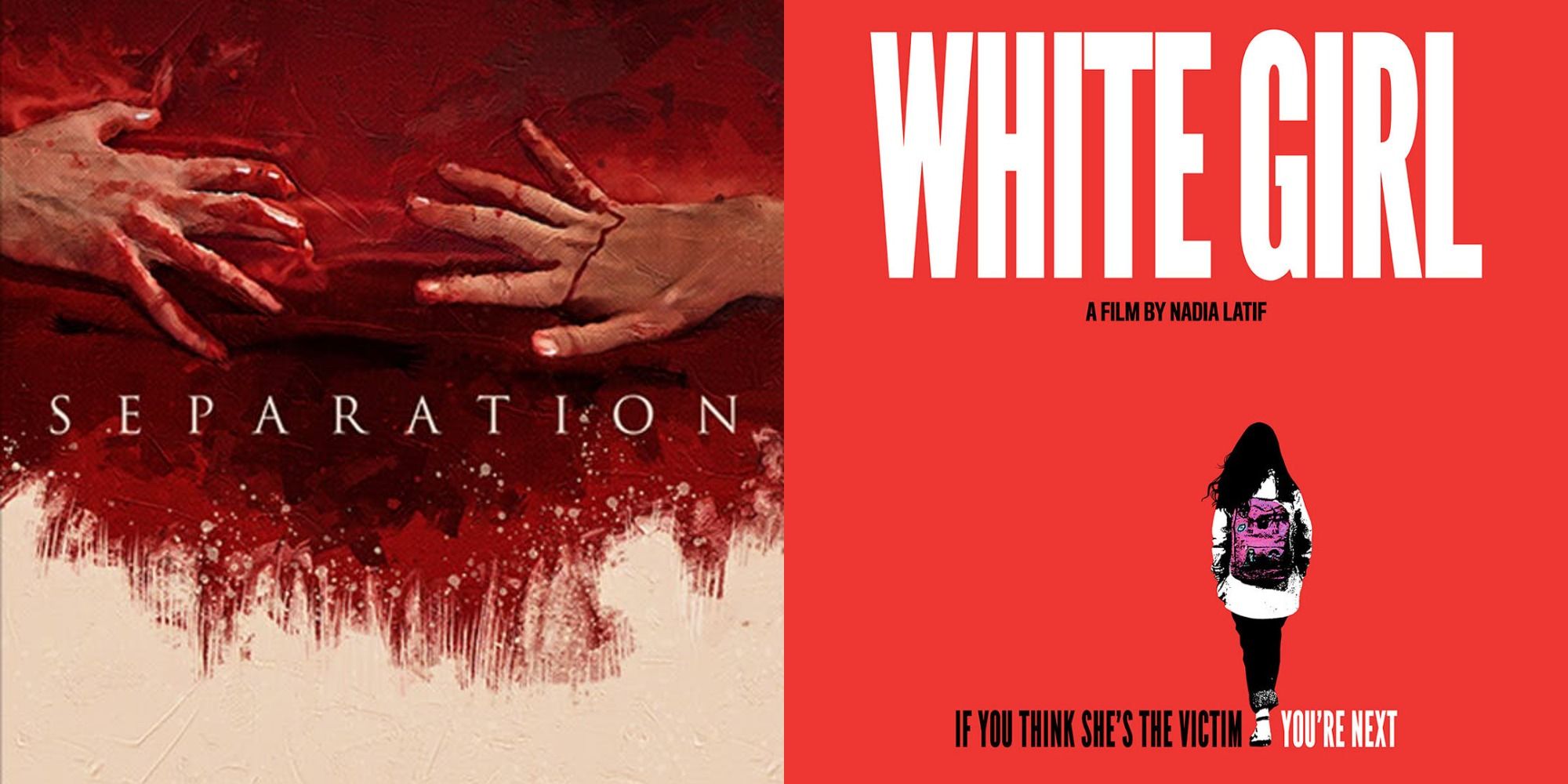 Split image showing posters for the Shudder shorts Separation and White Girl