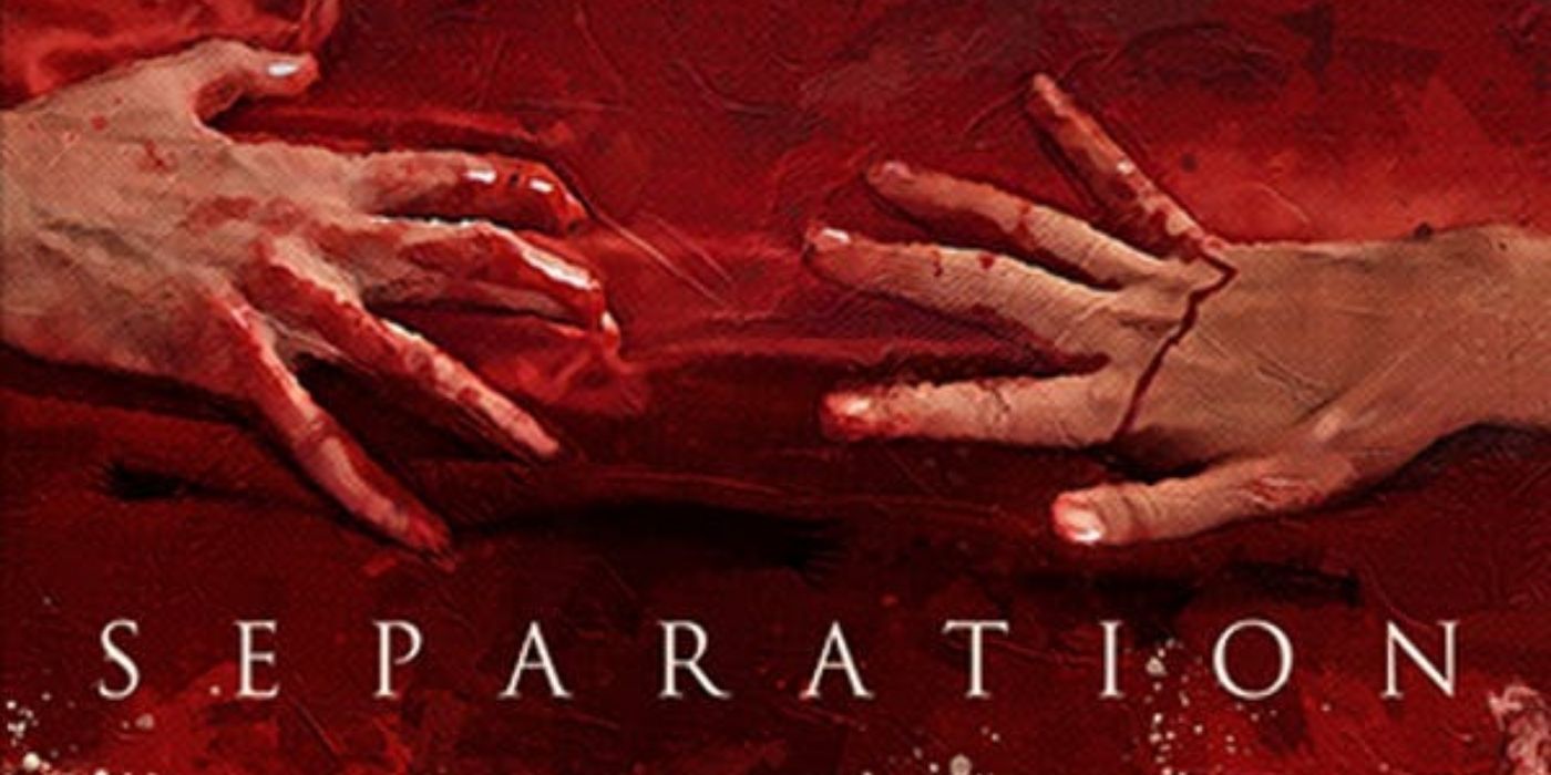 Two bloody hands reaching out in the Shudder short Separation