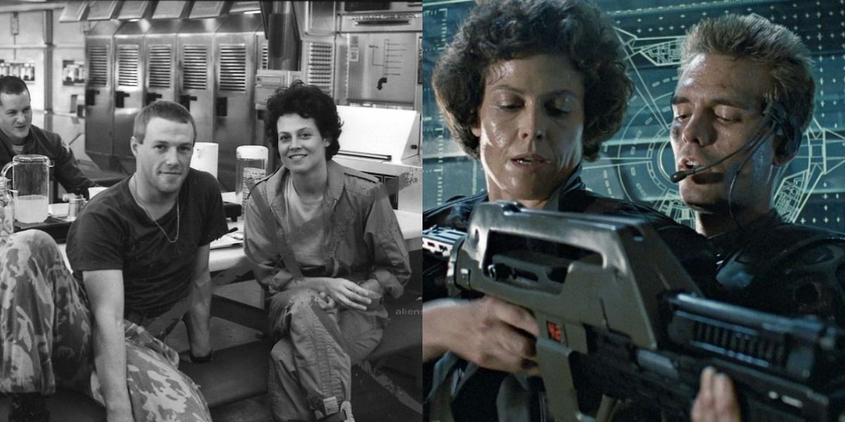 James Remar poses with Sigourney Weaver while Ripley practices her aim with Hicks in Aliens.