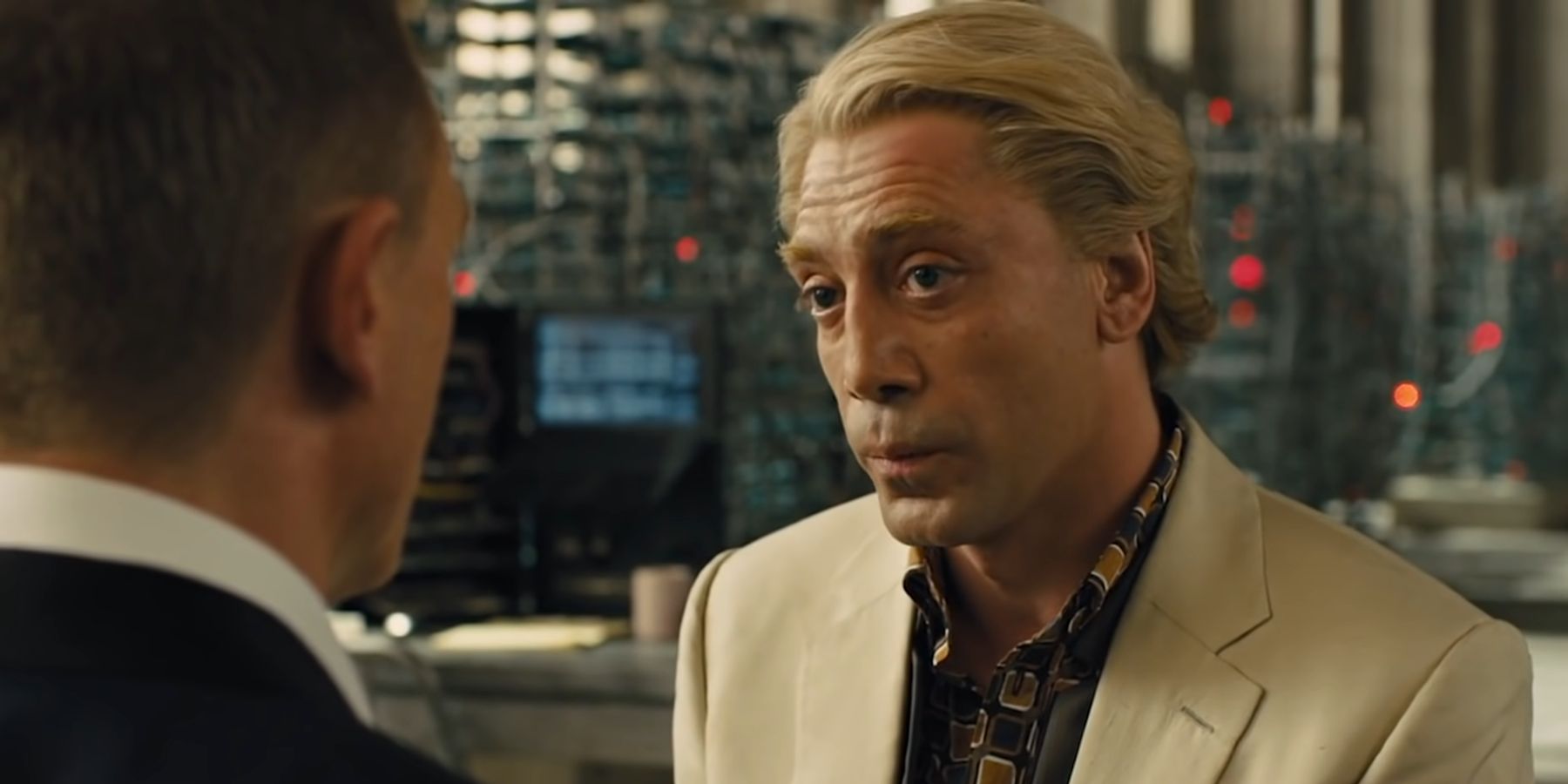Silva speaking with James Bond in his lair in Skyfall
