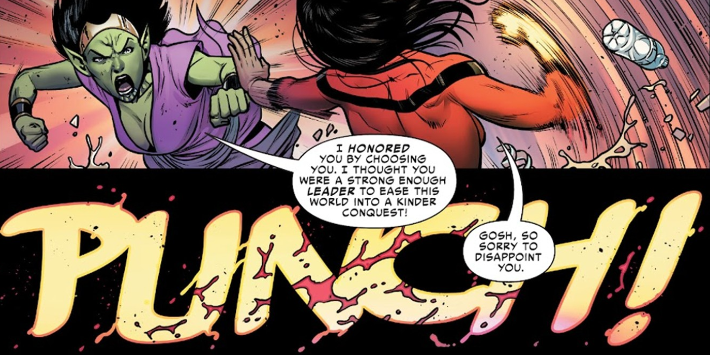 Queen Veranke and Spider-Woman fighting in Marvel Comics