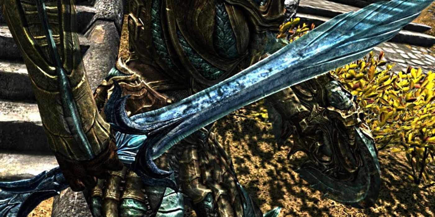 icy blade being held by an armored player in Skyrim
