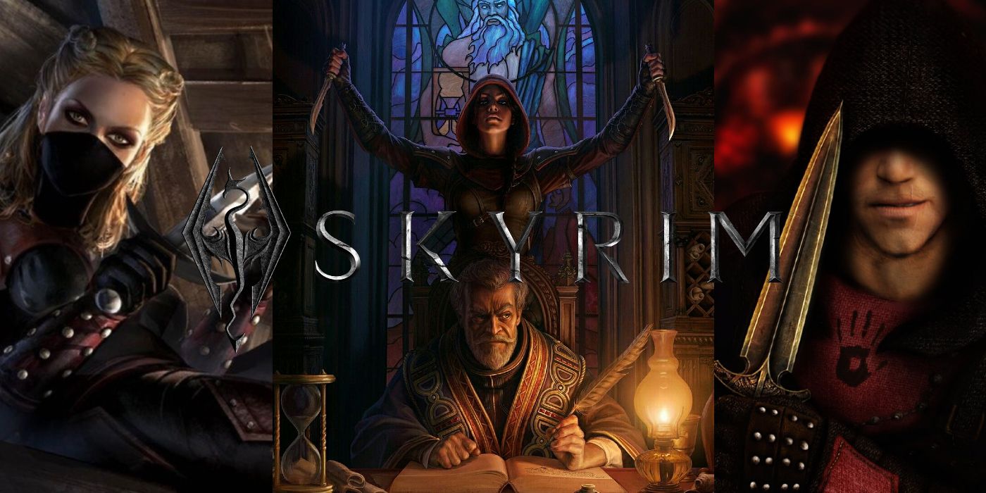 animated picture of astrid with knife, assassin standing over emperor, and assassin with hood and knife, skyrim logo