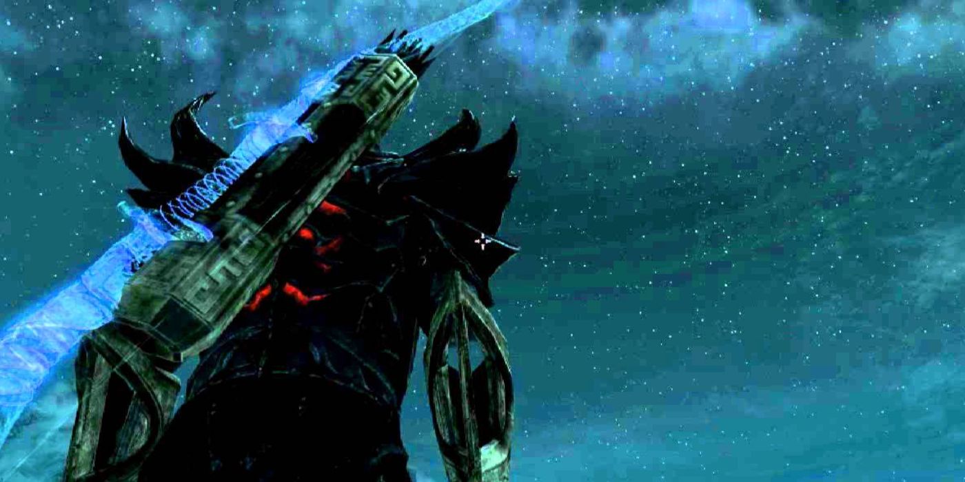 A ghostlike bow on a player&rsquo;s back in Skyrim