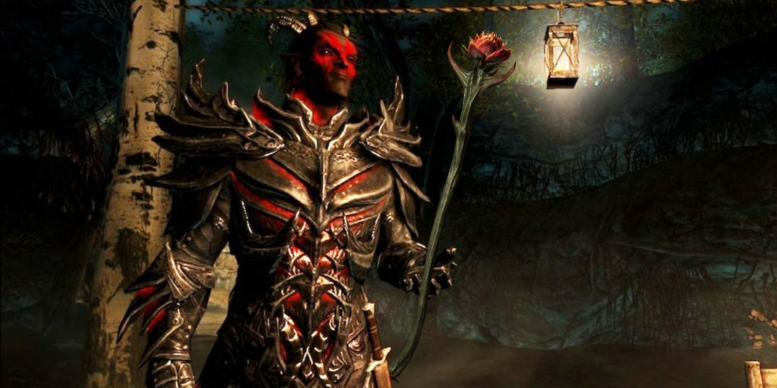 A Dremora Lord holding the Sanguine Rose in Skyrim.