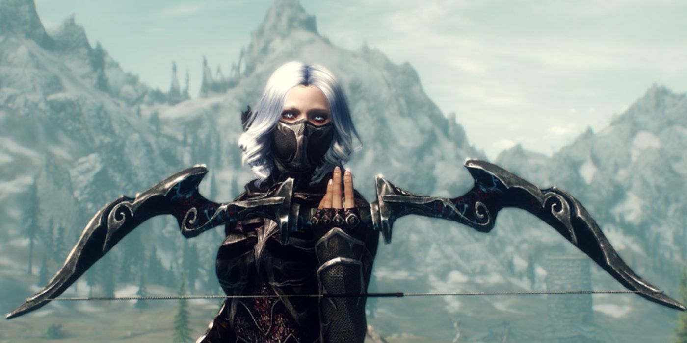 A bow held in a masked player&rsquo;s hand with white hair in Skyrim