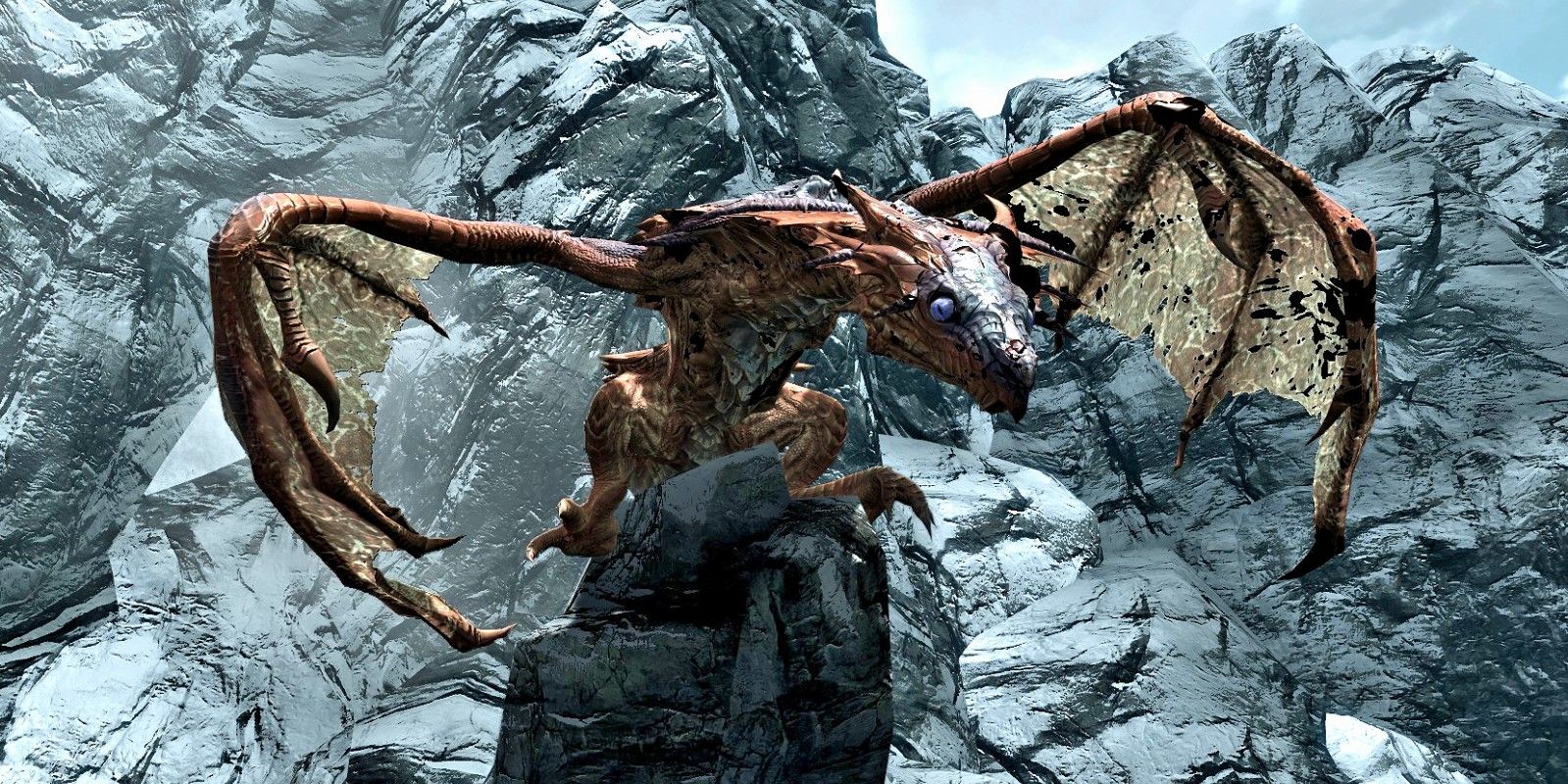 Skyrim Red Dragon Perching on Mountain Face