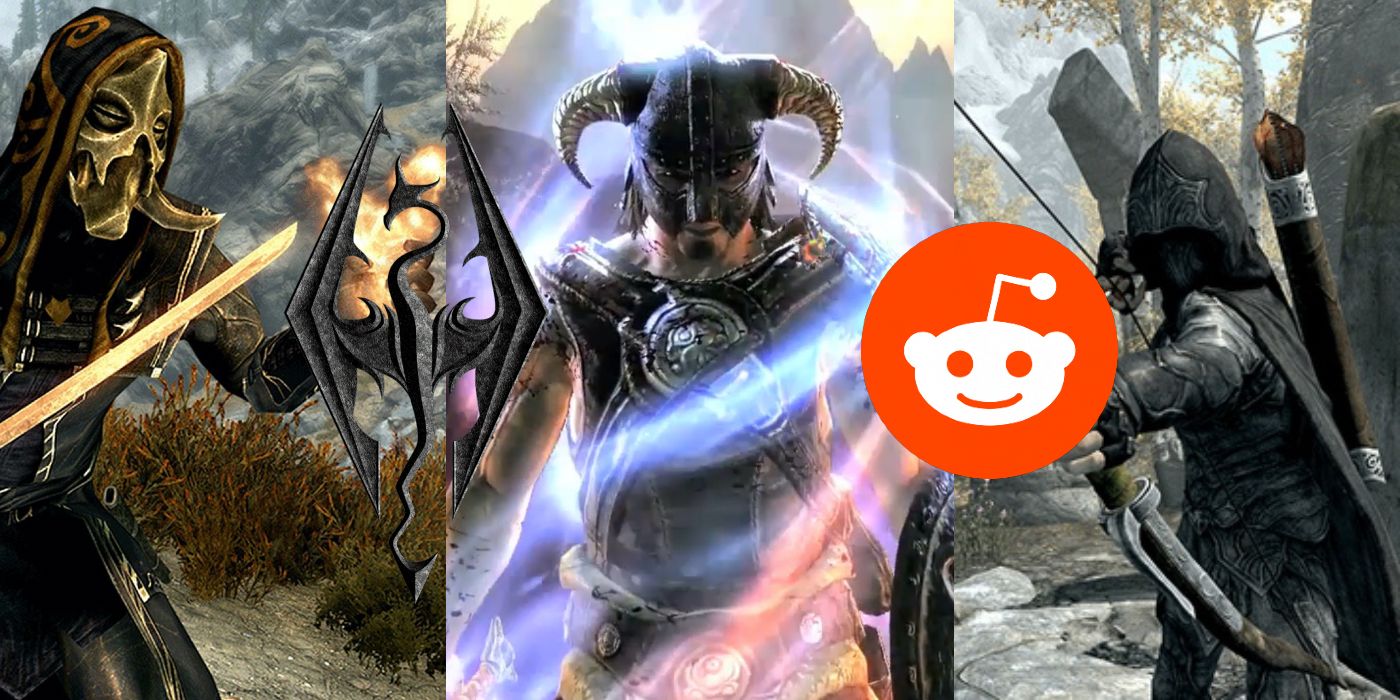 dragon priest character, dragonborn absorbing power, and nightingale archer, skyrim logo and reddit logo