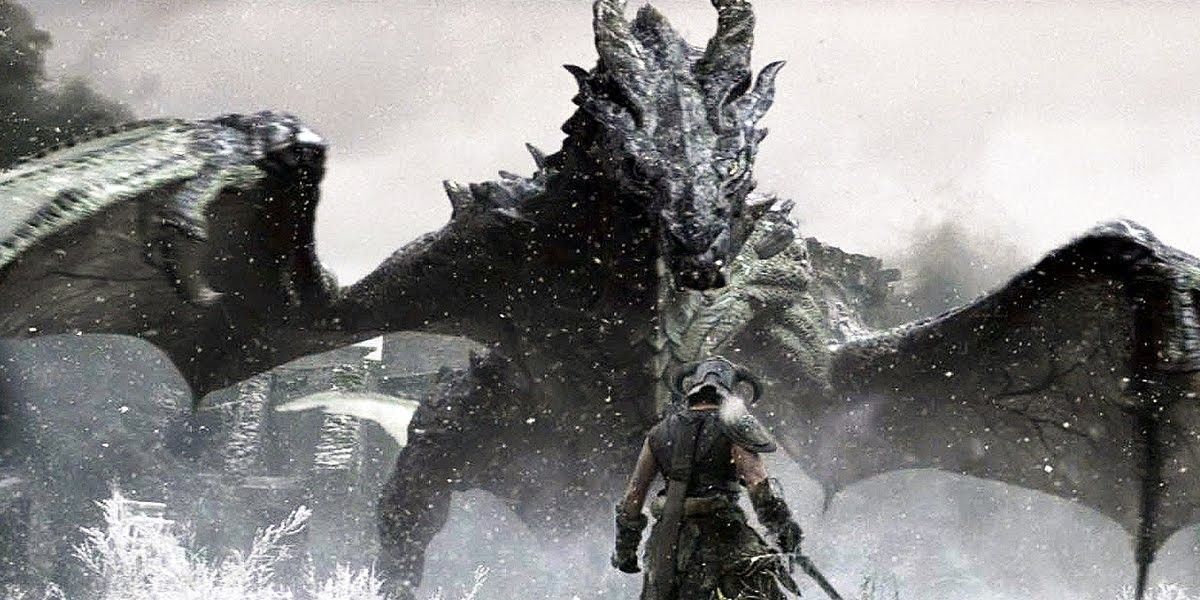 Man fighting dragon in Skyrim