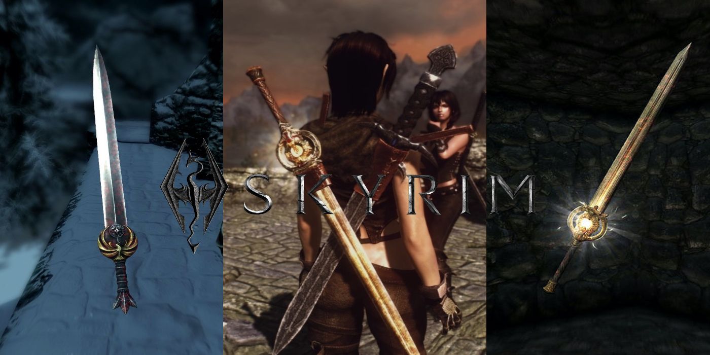 Split image of a nightingale blade, player with two swords on back, dawnbreaker, and title logo in Skyrim