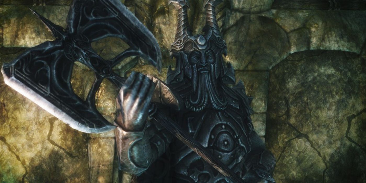 Large axe with a carved face held in a stone armored statue&rsquo;s hand in Skyrim