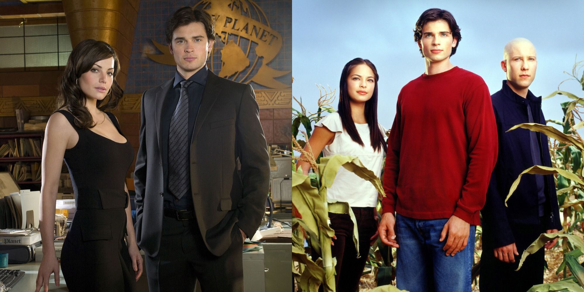 Split image showing Clark and Lois and Clark, Lana, and Lex in Smallville