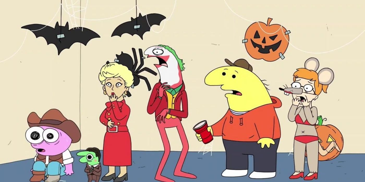 Characters from Smiling Friends celebrating Halloween