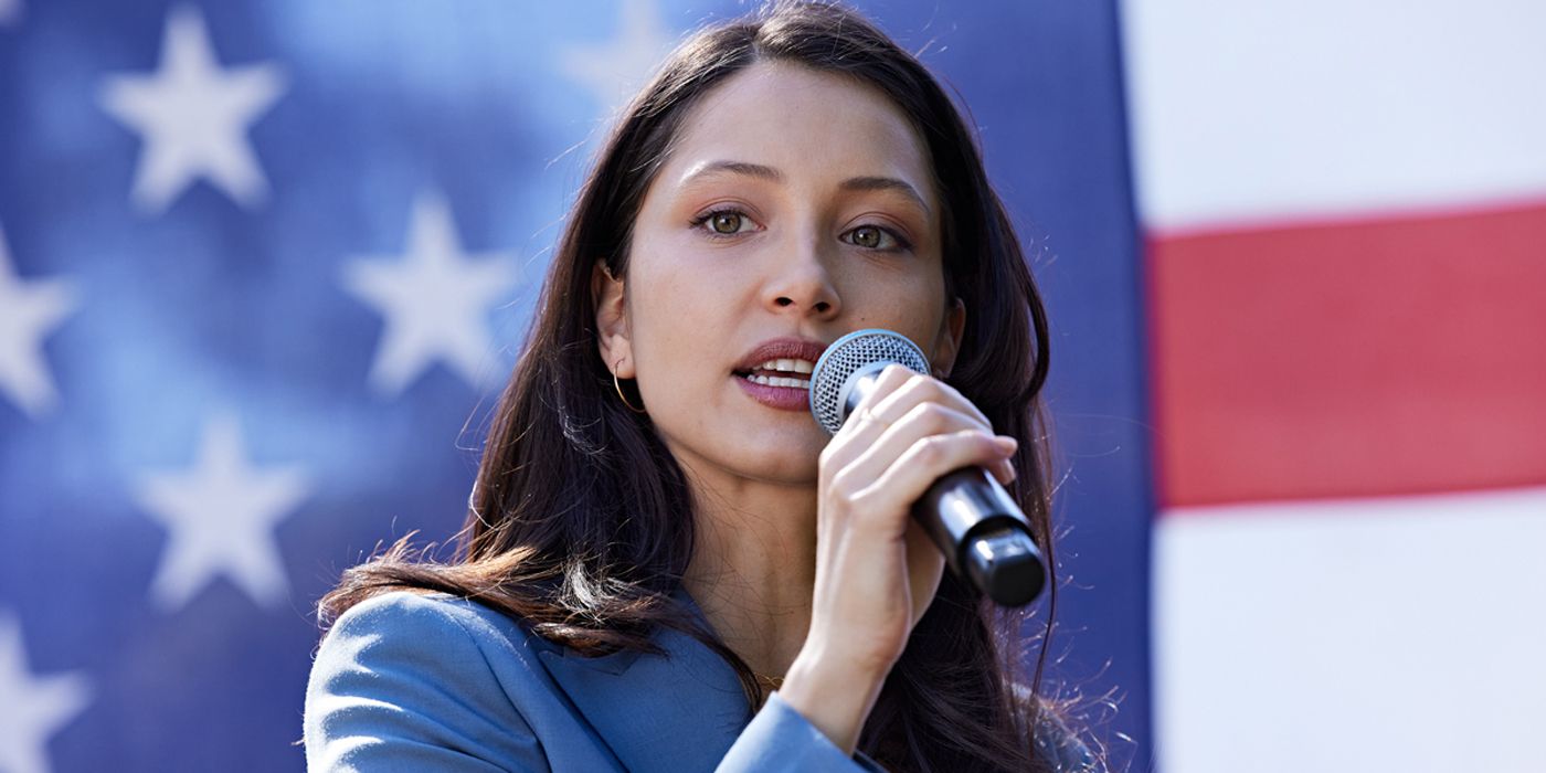 Sofia talking at a rally in Blacklight.