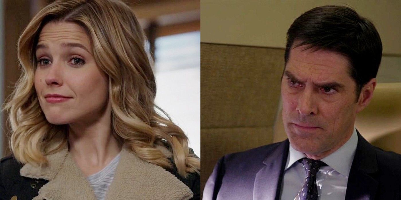 Split image Sophia Bush as Erin Lindsay in Chicago PD and Thomas Gibson as Aaron Hotchner in Criminal Minds on the jet.