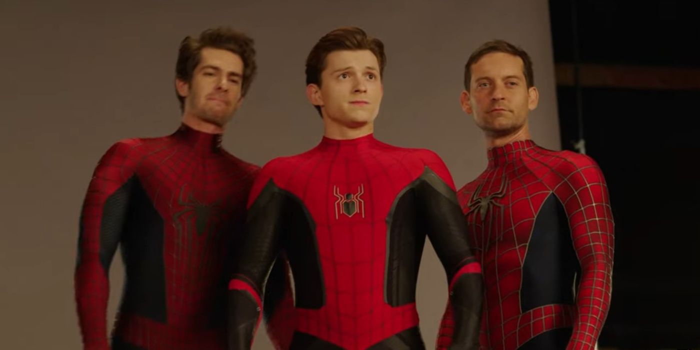 The three Spider-Men posing together with their masks off in Spider-Man No Way Home