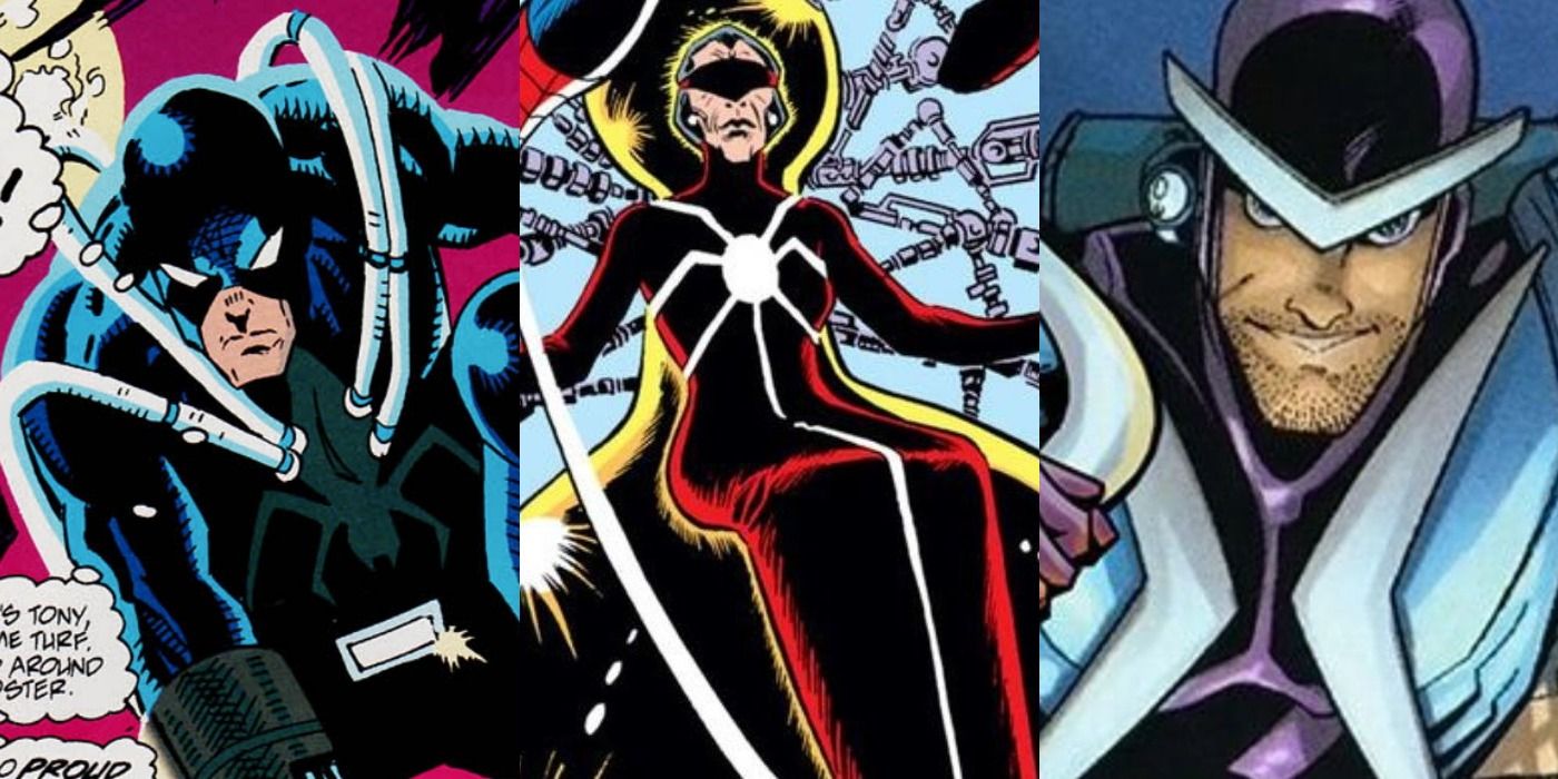 Split image of Steel Spider, Madame Web, and Boomerang from Marvel Comics.