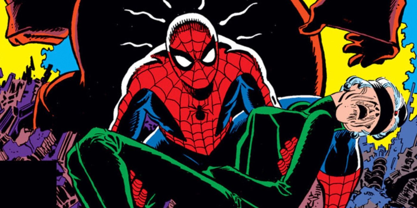 Spider-Man holds Madame Web in Marvel Comics.