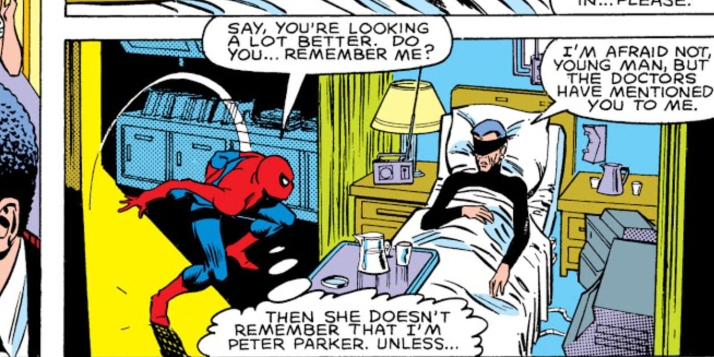 Spider-Man visits Madame Web in the hospital in Marvel Comics.
