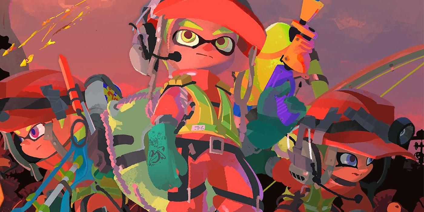 Characters from Splatoon Salmon Run posing with their guns