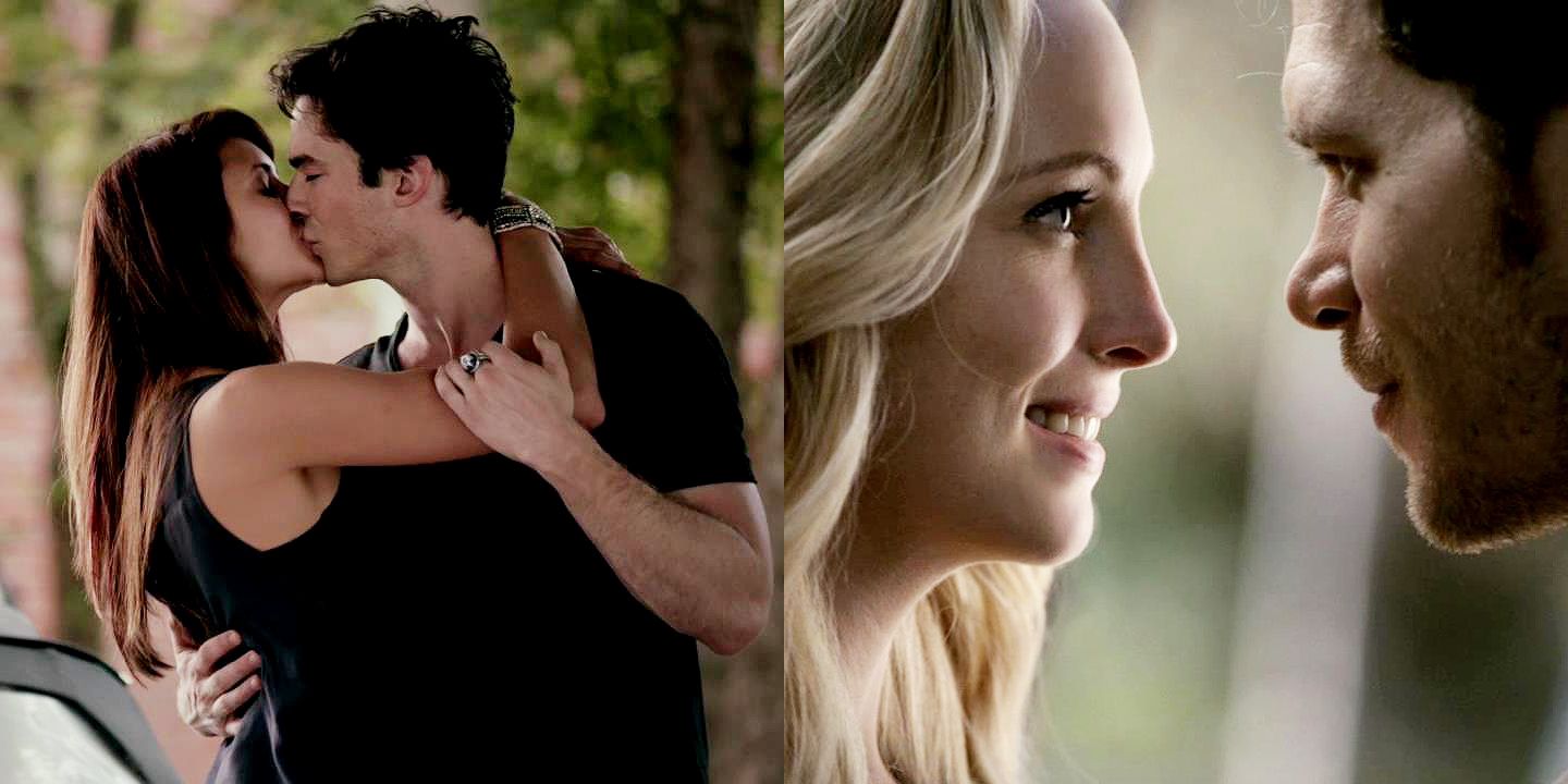 Split image of Damon and Elena kissing and Klaus and Caroline gazing at each other.