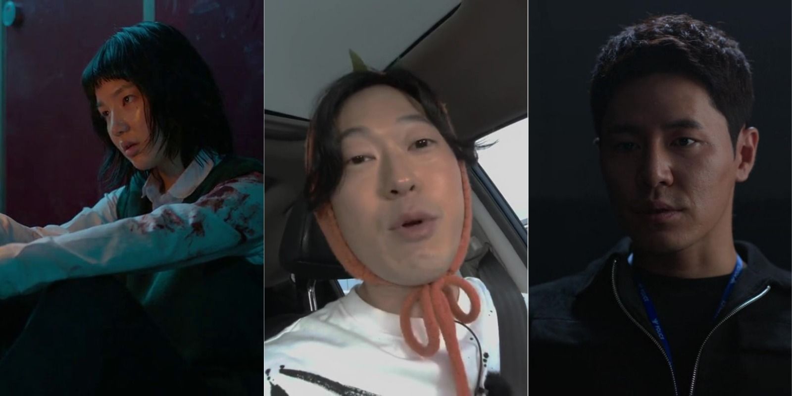 Split image of Park Mi-jin, Orangibberish, and Song Jae-il in All of Us Are Dead