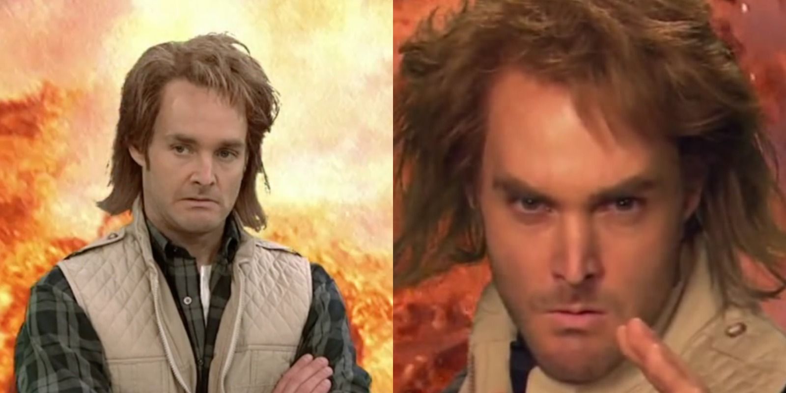 Split image of two different scenes from MacGruber sketches on SNL