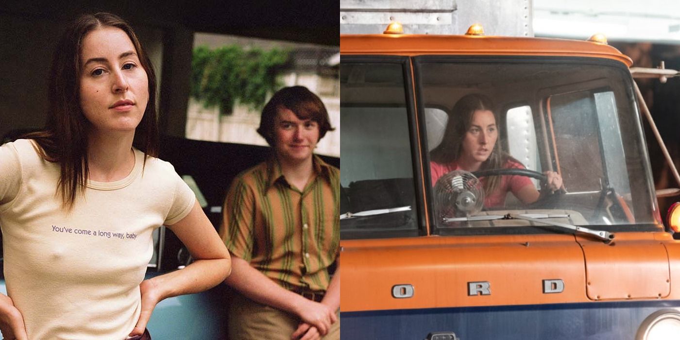 Split image of Alana and Gary, and Alana driving a truck in Licorice Pizza