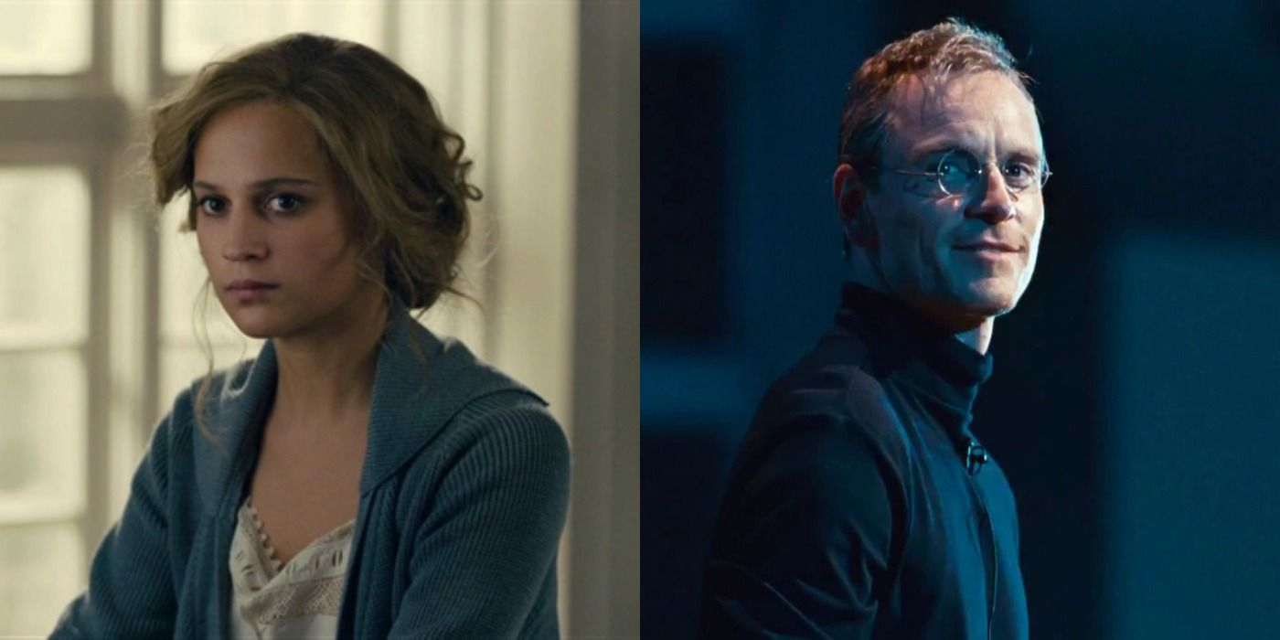 Split image of Alicia Vikander in The Danish Girl and Michael Fassbender in Steve Jobs.