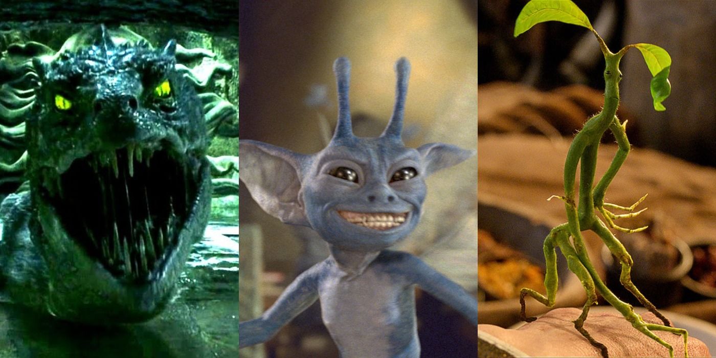 Split image of Basilisk, Cornish Pixie and Bowtruckle in Harry Potter feature