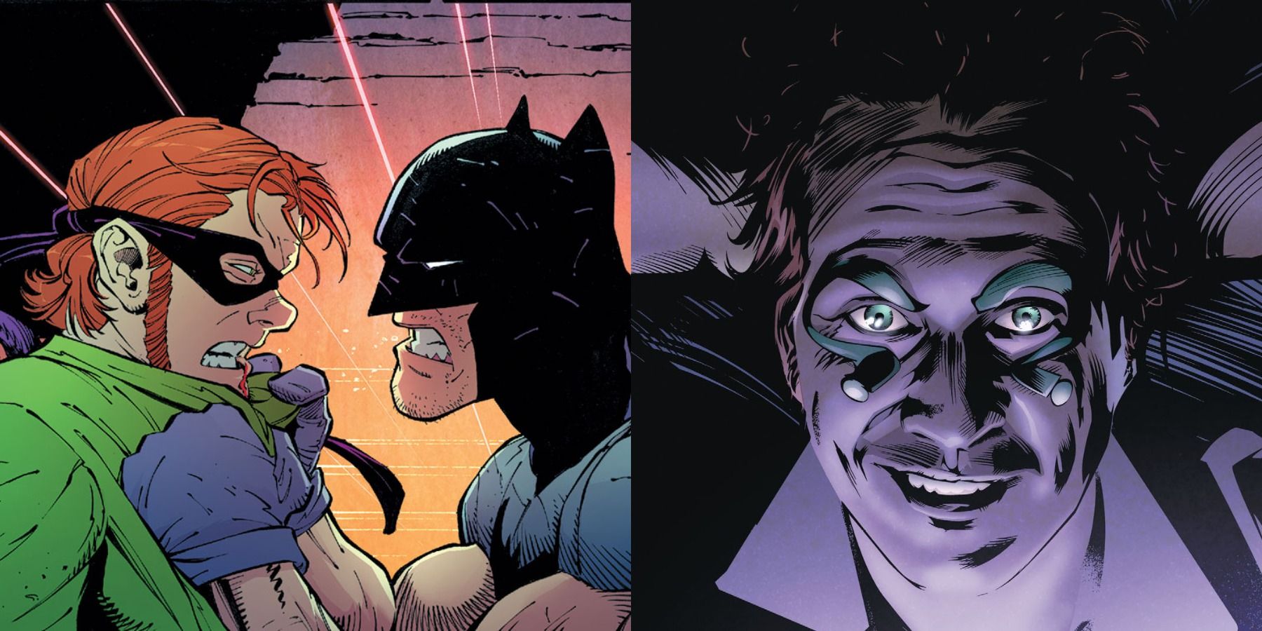Split image of Batman confronting Riddler in Batman Zero Year and Riddler smirking up at the ceiling in Batman Arkham - The Riddler