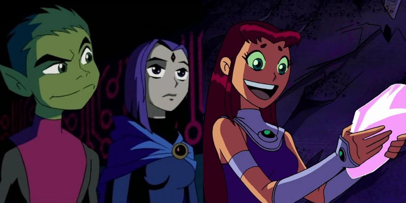Split image of Beast Boy, Raven, and Starfire in Teen Titans