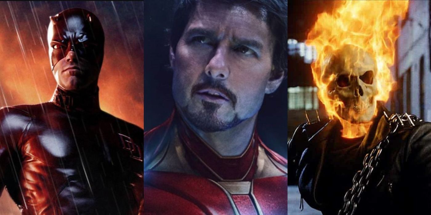Split image of Ben Affleck's Daredevil, Tom Cruise as Iron Man, and Nicolas Cage's Ghost Rider
