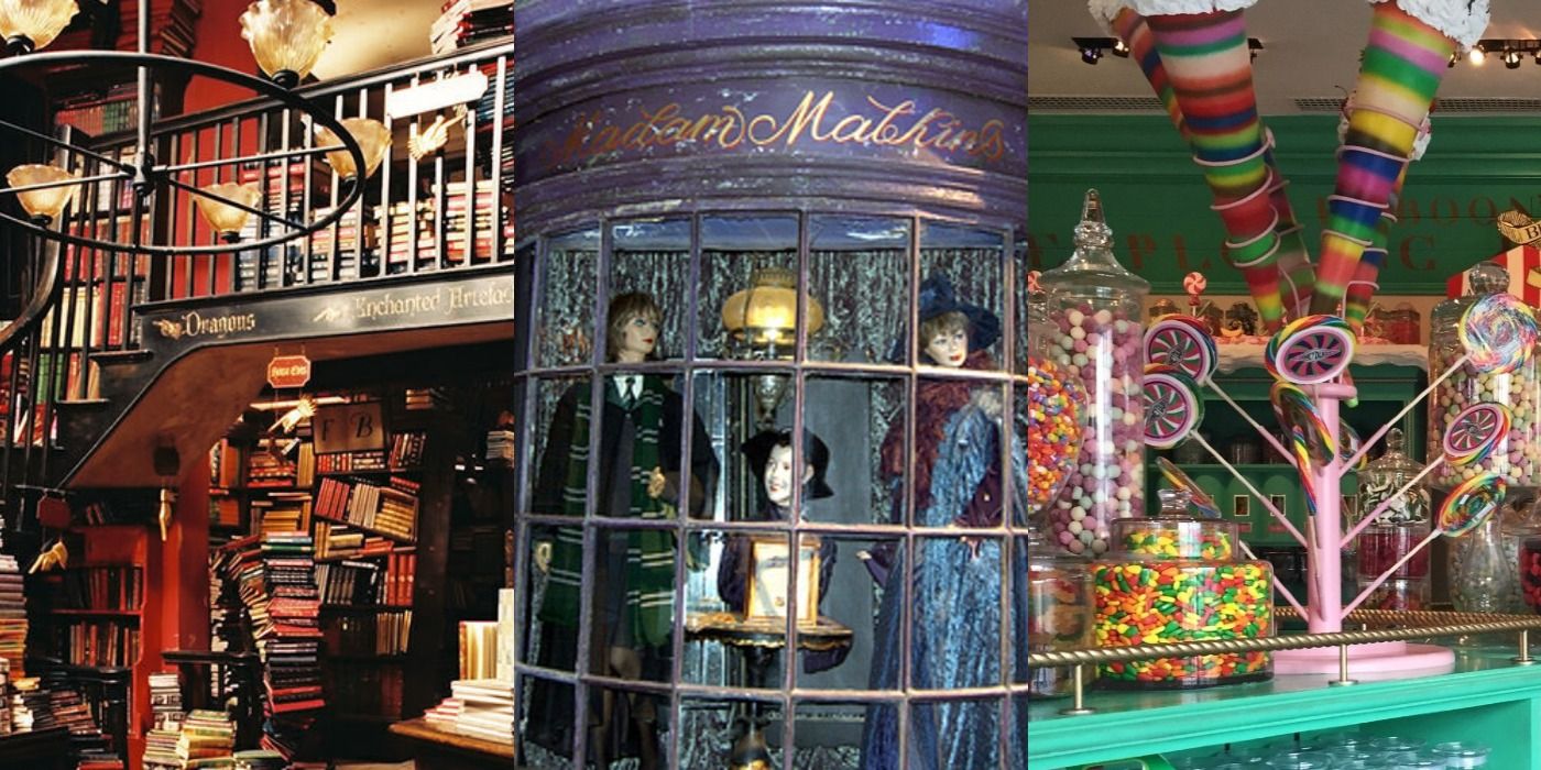 Split image of Book, Clothing and Candy shop in Harry Potter feature