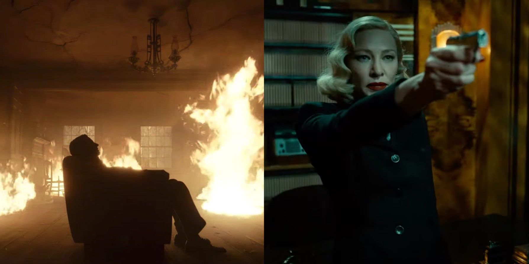 Split image of Bradley Cooper in a burning cabin and Cate Blanchett with a gun in Nightmare Alley