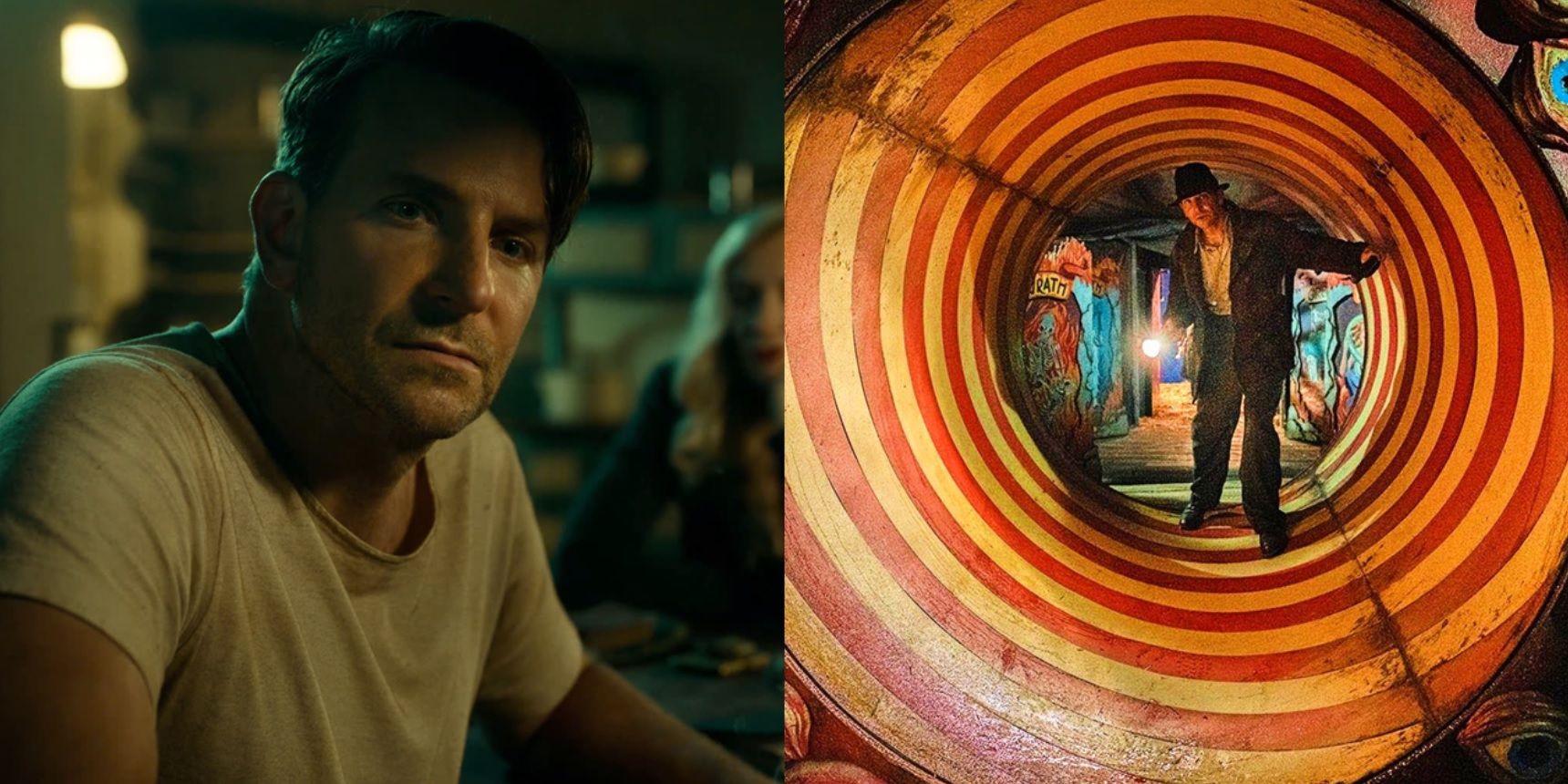 Split image of Bradley Cooper looking pensive and walking through a tunnel in Nightmare Alley